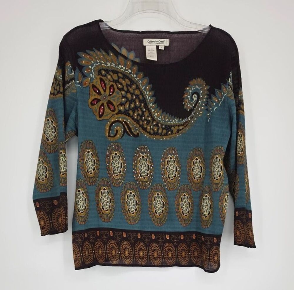 Coldwater Creek Y2K Artsy Paisley Rhinestone Mesh Top Large Teal Brown Sheer
